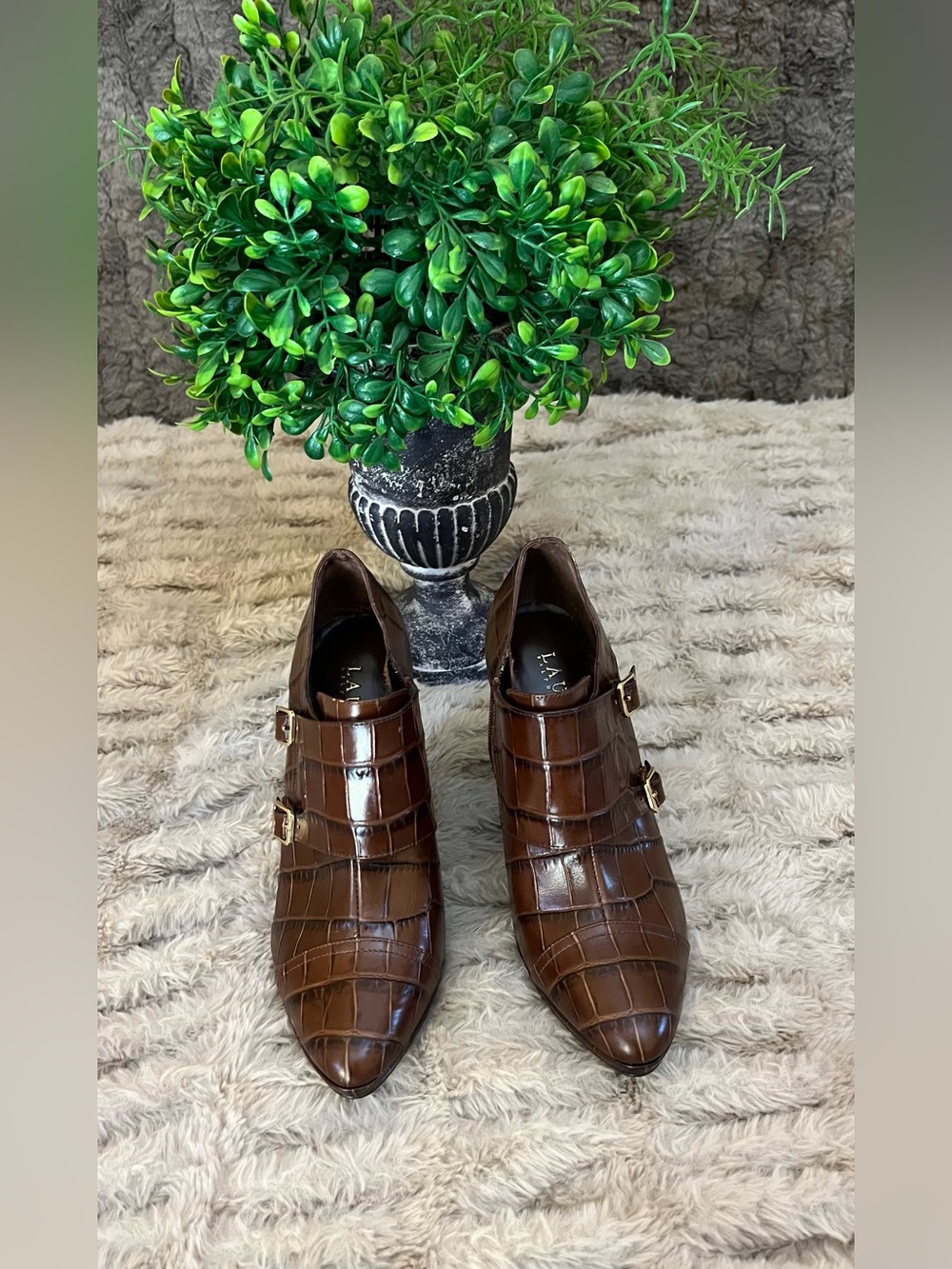 Lauren Ralph Lauren women Brown Croc-Embossed Double Monk Boots vintage